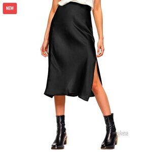 Satin Midi Skirt with Side Slit, Elastic Waist, Polyester Blend, Size M